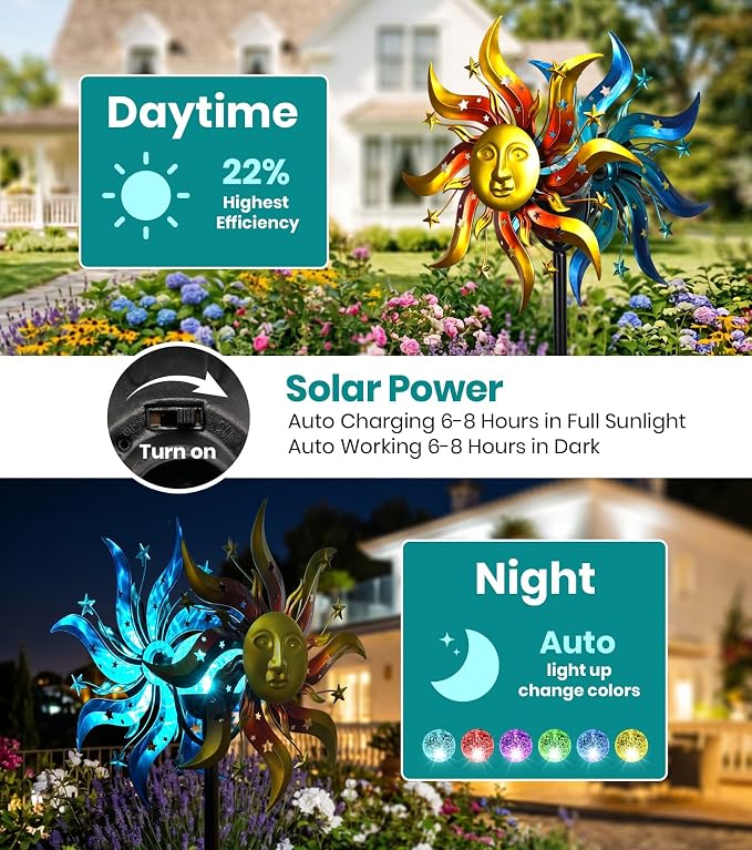 Solar Wind Spinner Metal Sun God Kinetic LED Garden Yard Art Decor | Hand-Crafted Art, Mythic sun god metal spinner, Auto-glow solar crackle ball, Stable 5-prong stake