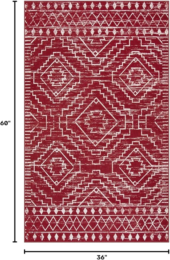 Wonnitar Moroccan Washable 3x5 Rug for Living Room, Non-Slip Chrisrmas Rug for Entryway, Low Pile Soft Farmhouse Area Rug for Bedroom Entry Kitchen Basement (Red,3'x5')