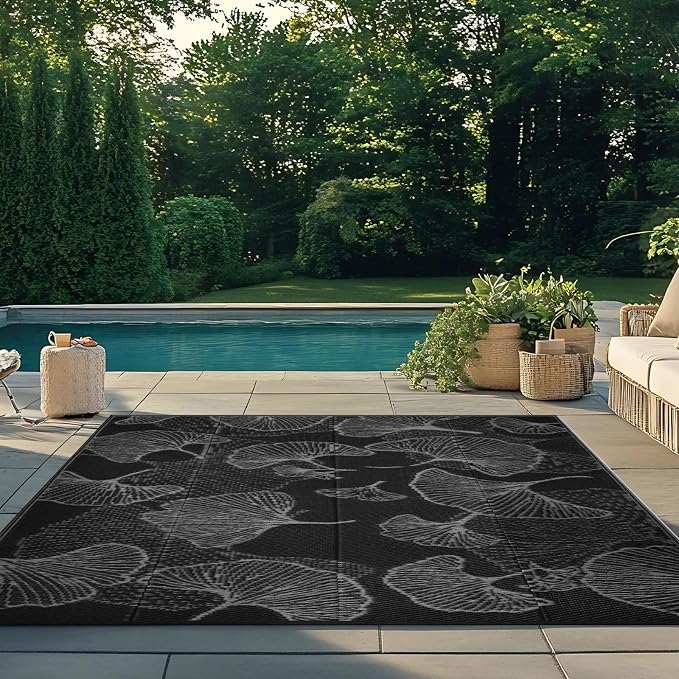 Outdoor Patio Rugs 8'x10' Waterproof, Reversible Plastic Straw Camping Rug Carpet, Large Area Rugs Mats for Rv, Deck, Porch, Picnic, Beach, Balcony, Black & Grey