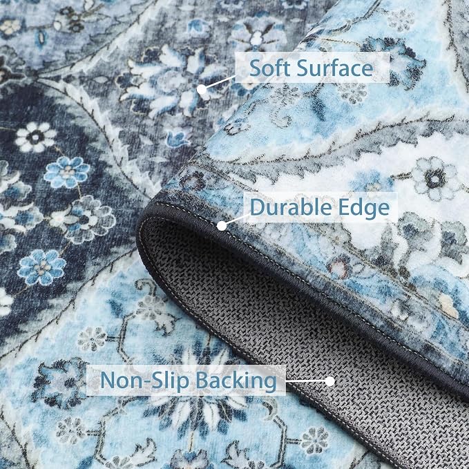 ROYHOME Washable Round Rug 5ft Moroccan Trellis Washable Area Rug | Stain Resistant Non-Slip Circle Rug Vintage Distressed Round Throw Carpet for Living Room Bedroom Kids Room, Blue/Grey