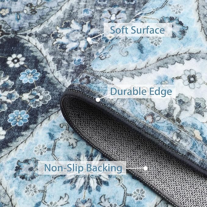 ROYHOME Washable Area Rug Moroccan Trellis Entryway Rug Doormat, 2' x 3' | Stain Resistant Non-Slip Accent Rug Vintage Medallion Distressed Floor Carpet for Front Entrance Kitchen Bathroom, Blue/Grey