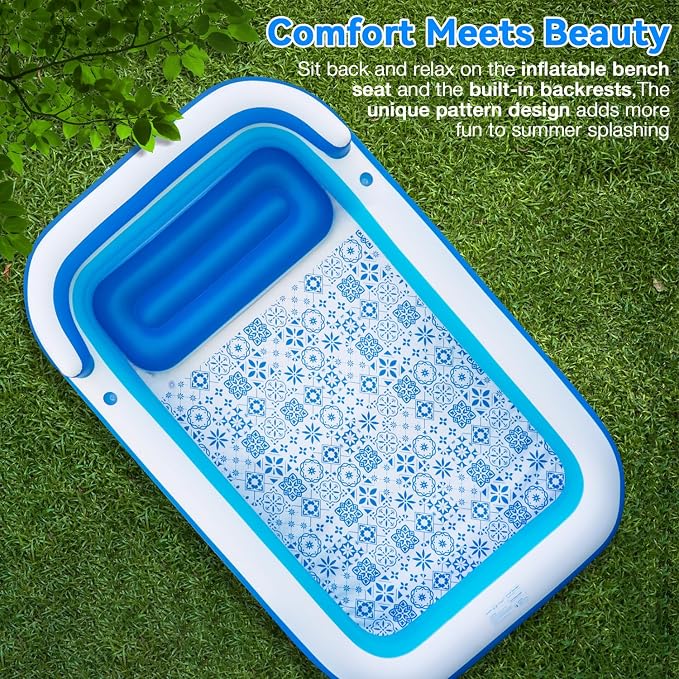 Extra Large Inflatable Pool for Adults 120"x85"x26" – Blow Up Pool with Seats & Backrest, Fits 10 Adults, Air Pump Included, Heavy Duty Above Ground Family Swimming Pool, Inflatable Pool for Backyard