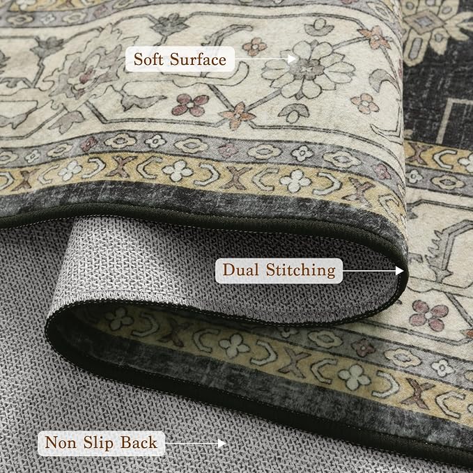 LBRO2M Machine Washable Rug Soft Pet Friendly Carpet 8X10 Black | Vintage Rug 8X10 for Living Room, Bedroom, Dining Room, Home Office, Non Slip Carpet, Foldable Stain Resistant Rugs