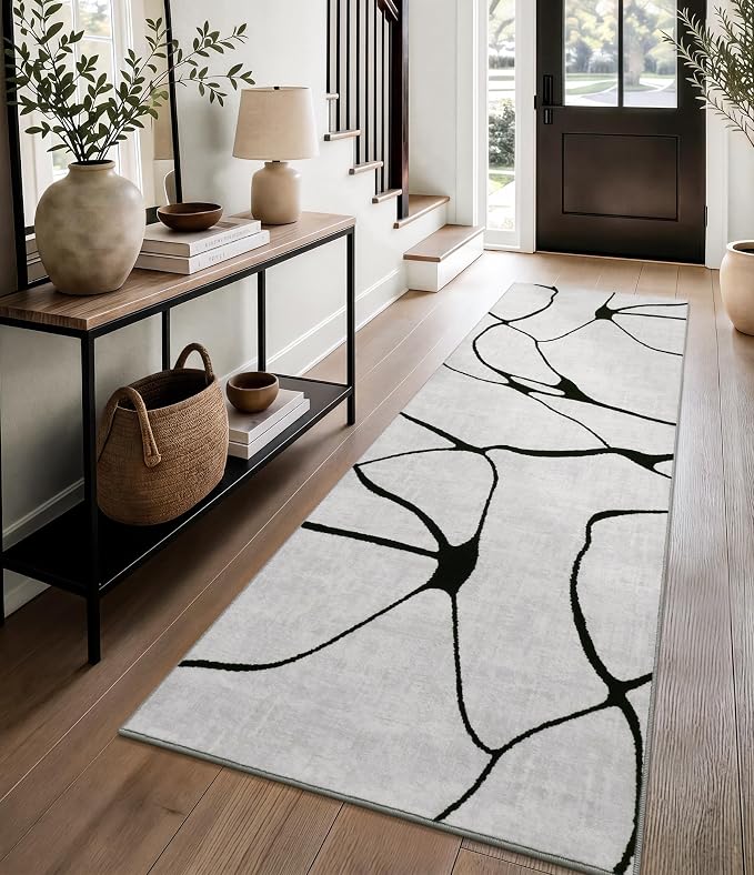 2x6 Washable Modern Black White Kitchen Runner Rug | Ultra-Thin Low Pile, Non-Slip TPE Backing, Soft Stain Resistant, Machine Washable, for Bedroom Livingroom High Traffic