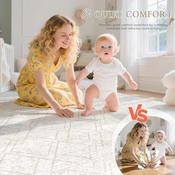 Area Rugs 9x12 Living Room Rug: Washable Geometric Moroccan Neutral Rugs Boho Modern Non Slip Area Rug Large Soft Indoor Floor Low Pile Carpet for Bedroom Dining Room Home Office (Beige, 9'x12')
