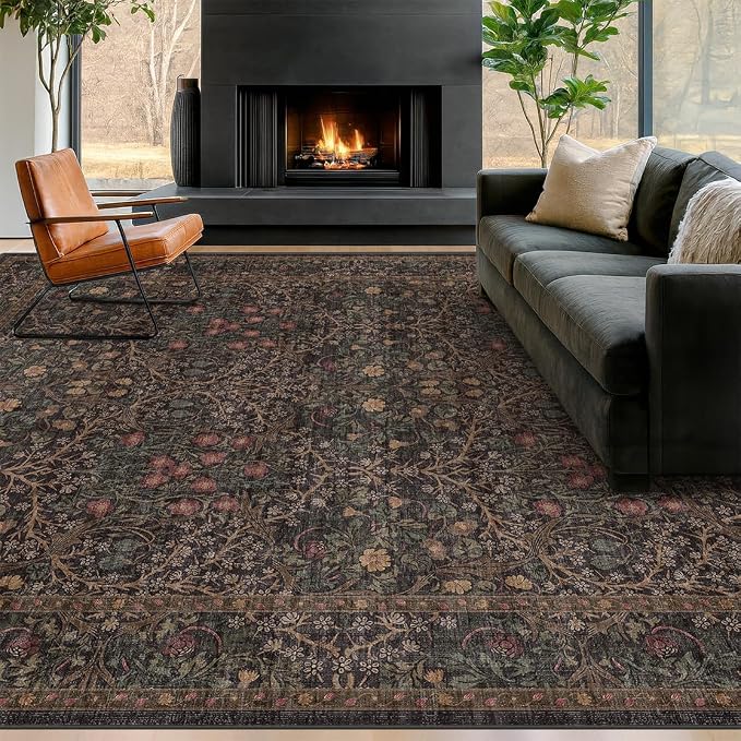 Vintage 7x9 Brown Rug for Living Room - Washable Oriental Area Rug for Dining Room Under Kitchen Table, Non-Slip Floor Carpet for Bedroom Under Bed - Boho Floral Design & Stain Resistance
