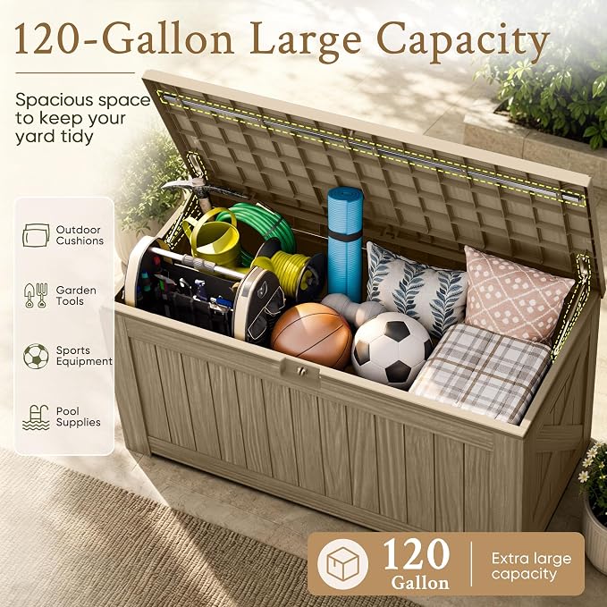 Devoko 120 Gallon Deck Box Resin Outdoor Storage Box Waterproof for Patio, Large Outdoor Storage Bench Lockable for Outside (Brown)