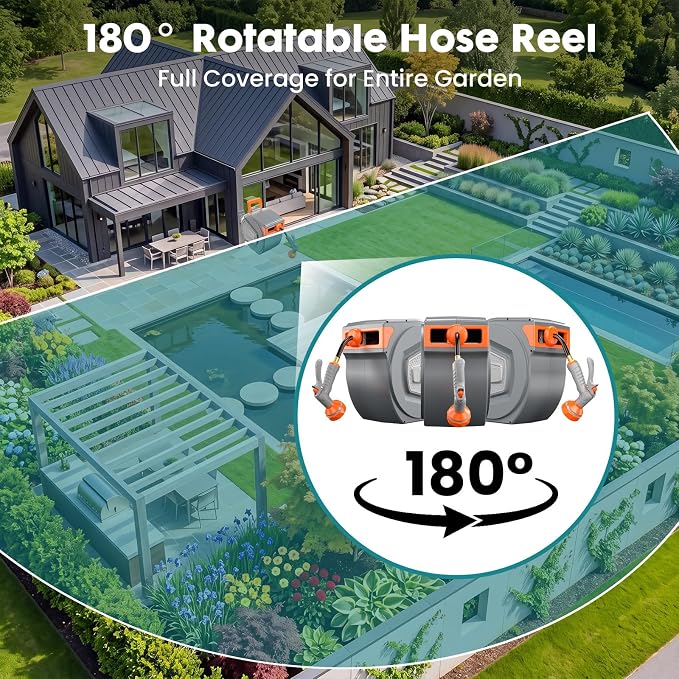 OLIXIS Automatic Retractable Garden Hose Reel, Heavy Duty Wall Mounted Water Reel with 1/2 in x 130 ft Hose, 9 Pattern Nozzle, Slow Rewind Any Length Lock, 180° Swivel for Garage Outside