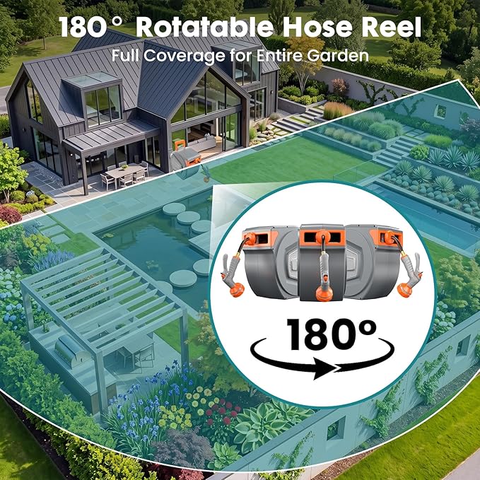 OLIXIS Automatic Retractable Garden Hose Reel, Heavy Duty Wall Mounted Water Reel with 1/2 in x 78 ft Hose, 9 Pattern Nozzle, Slow Rewind Any Length Lock, 180° Swivel for Garage Outside