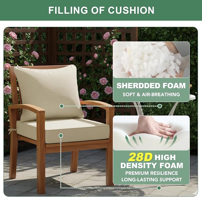 Summsun Patio Chair Cushions Set of 2, Faux Linen Outdoor Furniture Cushions, Water Resistant Backrest and Deep Seat Cushion Set with Ties, Removable Cover, Non-Slip Bottom, 24 x 24 Inch, Beige