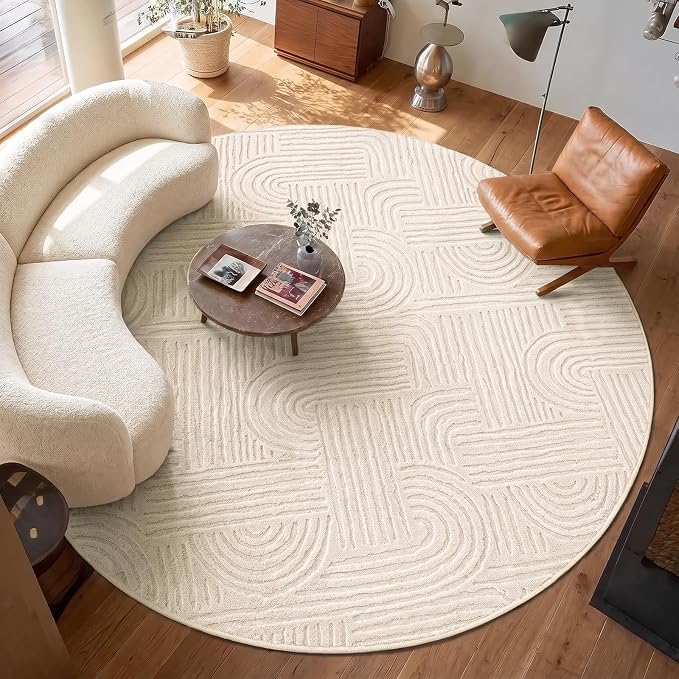 Etwel 8 ft Beige Modern Geometric Textured High-Low Pile Washable Round Rug | Soft Carpet, Non-Slip PVC Backing, Low Profile, Kid and Pet Friendly, for Living Room, Bedroom, Dining Room, Nursery