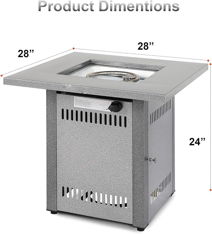 Hexago 28 Inch Propane Fire Pit Table, Gas Square Outdoor Fire Table Dinning with Lid, Lava Stone, 50000BTU, ETL Certification, for Outside Garden Backyard Deck Patio, Silver
