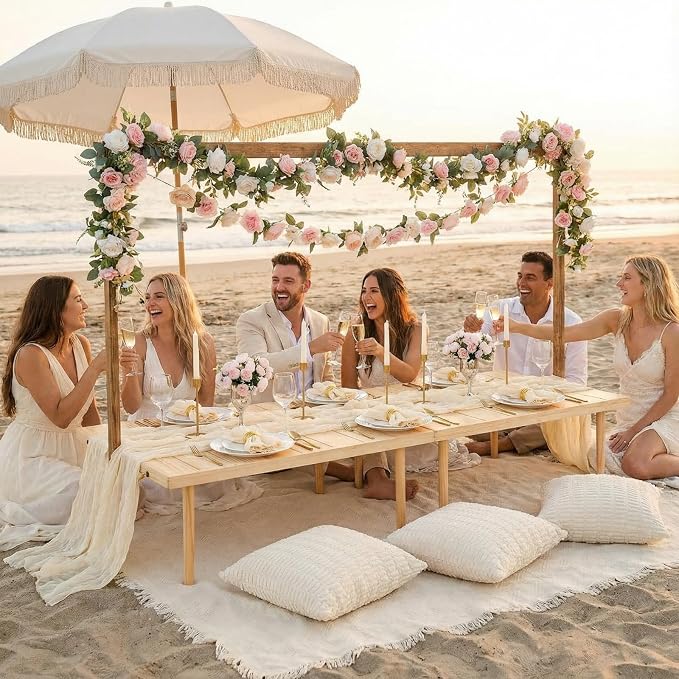 Beeveer 14 Pcs Picnic Kit 91x71 Inch Extra Large Outdoor Boho Picnic Blanket with White Table Runner, 6 Throw Pillow Cover 6 Napkin Woven Cotton Yarn Oversize Washable Beach Blanket for Camp Wedding