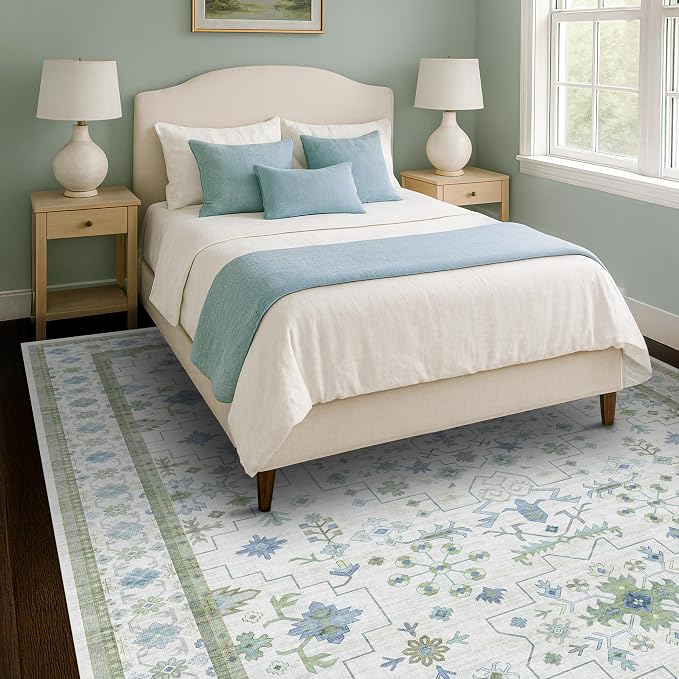 Cream Green Large 8x12 Area Rug for Living Room - Washable Non Skid Geometric Floral Carpet for Dining Room, Playroom, Bedroom - Blue and Green Soft Floral Rug