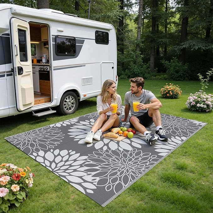 Ileading Waterproof Outdoor Rug 5x8, Reversible Plastic Straw Patio Rug, Portable Indoor Outdoor RV Camping Mat Carpet for Deck, Porch, Balcony, Backyard, Picnic, Floral Grey