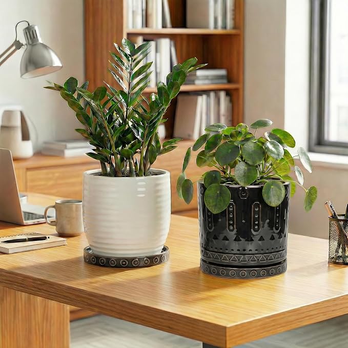 EightPot Plant Trays for Pots 7.5 Inch, 2 Pack Flower Pot Saucers, Round Ceramic Plant Saucers for Indoors Outdoors, Modern Plants Plates to Catch Water, Decorative Plants Dishes to Catch Water, Black