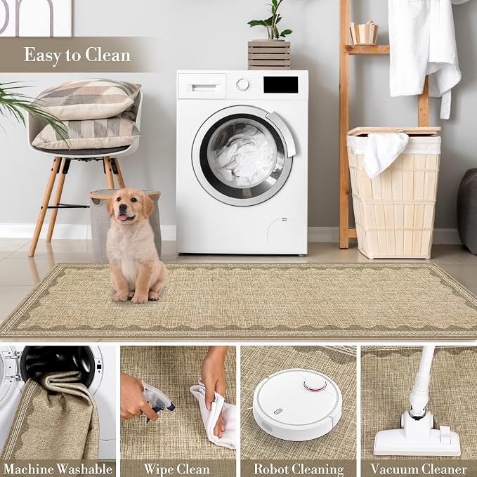 Garvee Living Room Rug 4x6 Washable Rug Modern Bordered Bedroom Rugs Jute | Ultra Soft Non Slip Lightweight Floor Cover Low Pile Stain-Resistant Foldable Accent Carpet for Living Room Nursery Dorm
