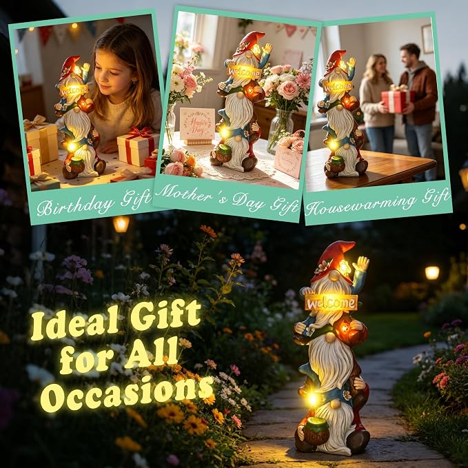Garden Gnomes Outdoor Decor - Triple Stacked Gnome Statue with Solar Light - Weatherproof Resin Garden Decor for Outside Yard Lawn Patio - Unique Birthday Gift for Women Mom