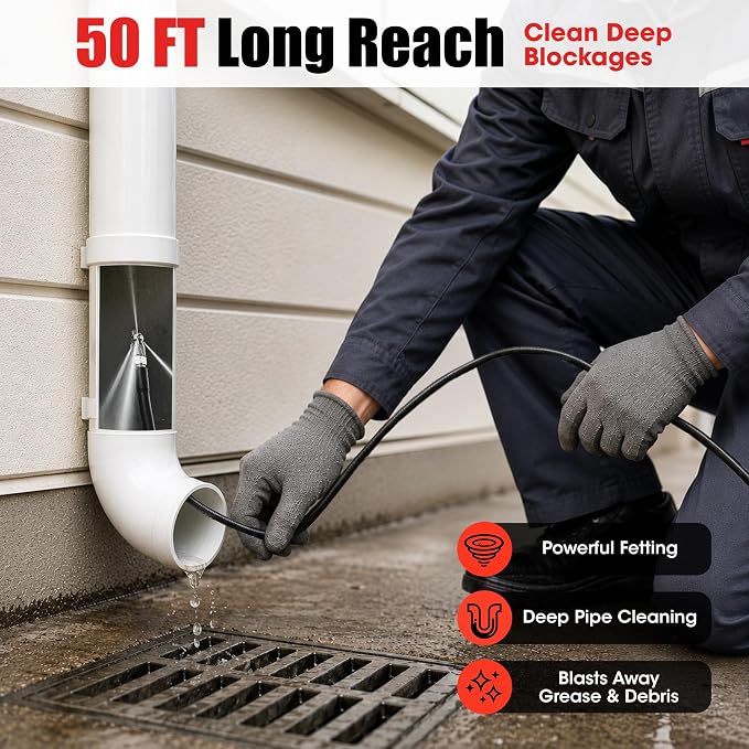 Sewer Jetter Kit for Pressure Washer 50 FT, Drain Cleaning Hose with Short Gun, 1/4" NPT, Rotating, Button Nose & Corner Nozzles, High Pressure Pipe Cleaner for Sewer and Drain Cleaning