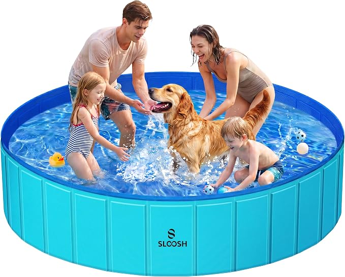 SLOOSH Foldable Dog Kiddie Pool - Portable Hard Plastic Doggie Swimming Pool, Anti-Slip Collapsible Pets Bath Tub Suitable for Kids Toddler Indoor Outdoor Backyard Use (Blue, 71" x 12")