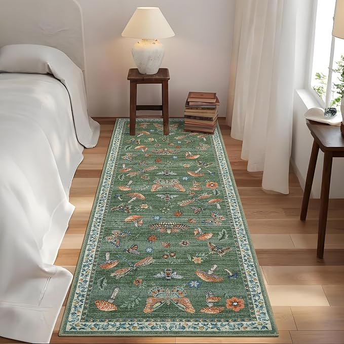 2.5x10 Runner Rug for Hallway Washable Kitchen Rugs Non Slip with Rubber Back Mushroom Soft Low-Pile Stain Resistant Foldable Indoor Carpet for Entryway Laundry Room Floor Mats Green