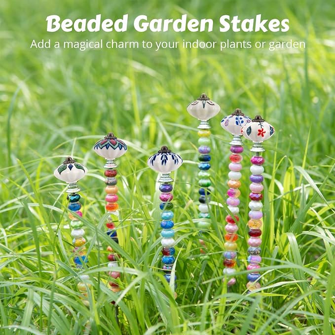 Decorative Garden Stakes DIY Fairy Wand Beaded Garden Plant Stakes Kit with Ceramic Stopper Tops Silver Pendant Threaded Rod,100 Colorful Beads for Indoor Outdoor Plant Flower Pot Décor
