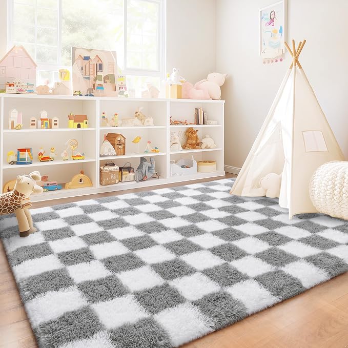 Checkered Rug 9x12 for Living Room, Ultra Fluffy Fuzzy Shag Large Area Rug for Bedroom, Modern Plush Soft Upgrade Non-Slip Carpet for Kids Girls and Boys Room Dorm Home Decor, White and Grey