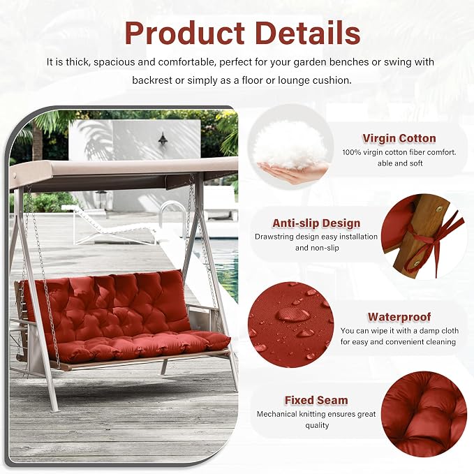 Porch Swing Cushion with Backrest,Waterproof Bench Cushion for Outdoor Furniture,2-3 Seater Replacement Thickened 5 in swing cushion,with Ties,Patio,Outdoor,Backyard and Garden (Terra Red,60x40 in)