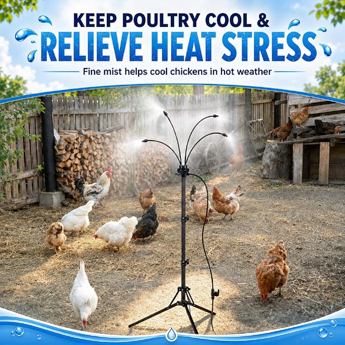 BobbleT Standing Misters for Chicken Coop, 5.3 FT Adjustable Poultry Cooling Misting System, 360° Full Coverage Cooling Portable Water Mister for Outside Patio, Helps Relieve Heat Stress, Reduce Dust