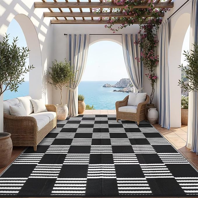 Garvee Waterproof Outdoor Rug 9x12, Checkered Foldable Plastic Straw Patio Camping Rug, Outdoor RV Carpet for Deck Camper Porch Balcony Backyard Picnic Beach Black and White