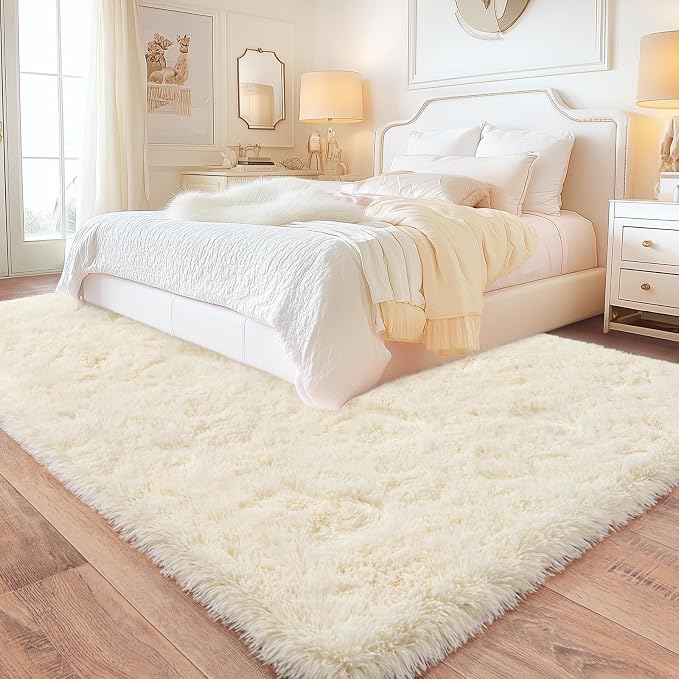 8x10 Area Rugs for Living Room, Large Ultra Fluffy Fuzzy Shag Cream Rug for Bedroom, Modern Plush Soft High Pile Upgrade Non-Slip Carpet for Kids Girls and Boys, Dorms, Home Decor Aesthetic
