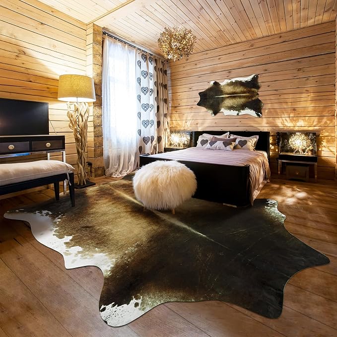 Large Washable Non Slip Faux Cowhide Rug 6x7 Brindle and White, Speckled Cow Print Area Rugs for Living Room, Cruelty-Free Animal Skin Carpet, Western Rustic Room Decor Aesthetic