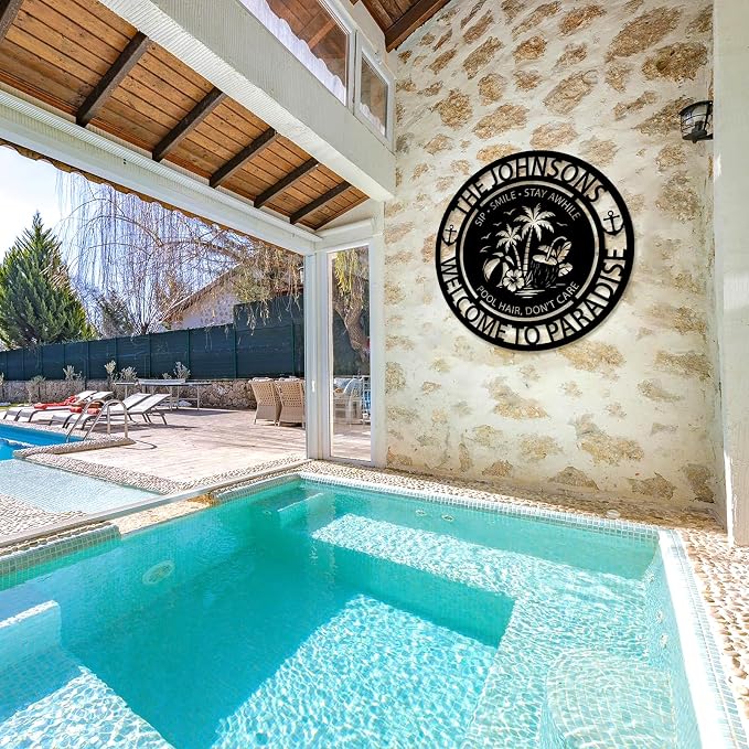 Personalized Pool Signs for Outside,Custom large size Metal Name Sign Outdoor Wall Art Patio Backyard Oasis Pool Decor,Outdoor Pool Tropical Coastal Decor Bar Hot Tub Bar, Poolside Paradise Sign (Style 3)