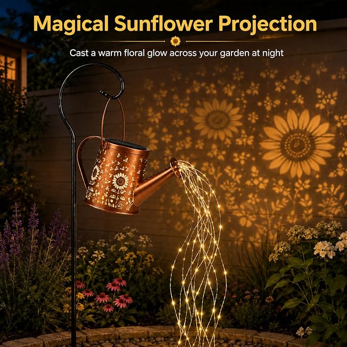 Solar Watering Can Light, Solar Powered Hanging Lantern Landscape Lights, Decorative Garden for Yard Waterproof Garden Decor, Gifts for Mom, Grandma（Sunflower + Bee）