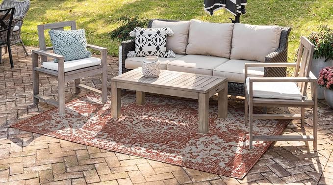Unique Loom Outdoor Collection Area Rug - Dubai (9' x 12' Rectangle, Rust Red/ Ivory)