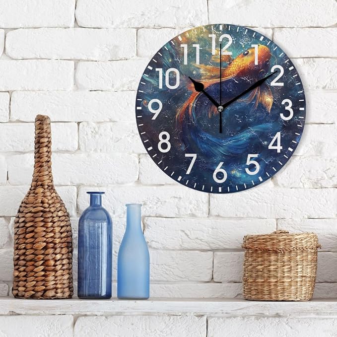 ALAZA Home Decor Magical Fish Round Acrylic 9.84 Inch Wall Clock Non Ticking Silent Clock Art for Living Room Kitchen Bedroom
