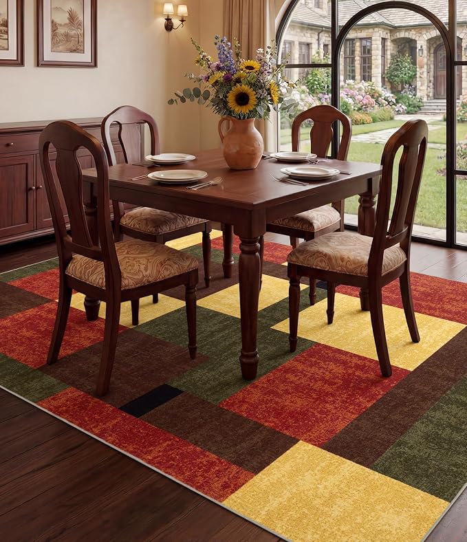 Red and Green Rug 4x6, Burgundy Farmhouse Vintage Rugs Washable for Living Room,Burnt Orange Area Rug Non Slip,Geometric Boho Area Rug for Kitchen,Dining Room,Bedroom