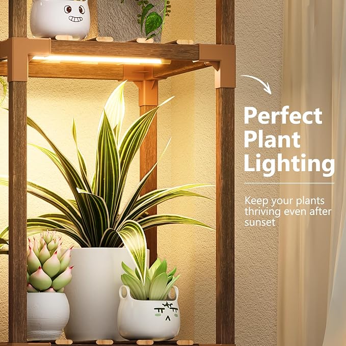 Uneedem Plant Stand with Grow Light - Large Plant Stand Indoor for Multiple Pots, 10 Tiered Plant Shelf Wood Plants Holder Rack for Living Room, Patio, Garden, Corner, Home Decor