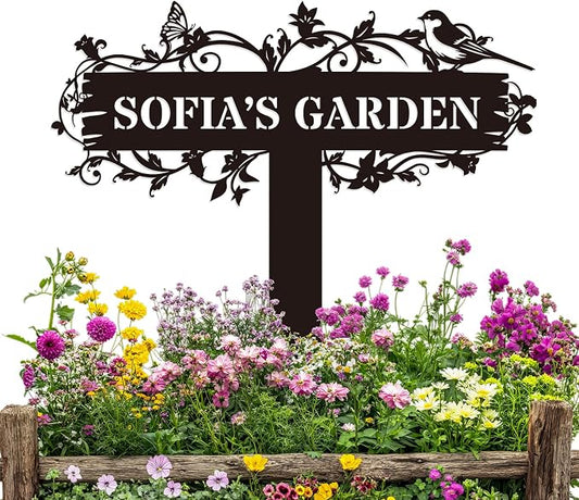 Personalized Garden Sign with Flower Design, Garden Stake with Bird, Custom Garden Gift, Flower Garden Decor, Custom Name Mother Gift