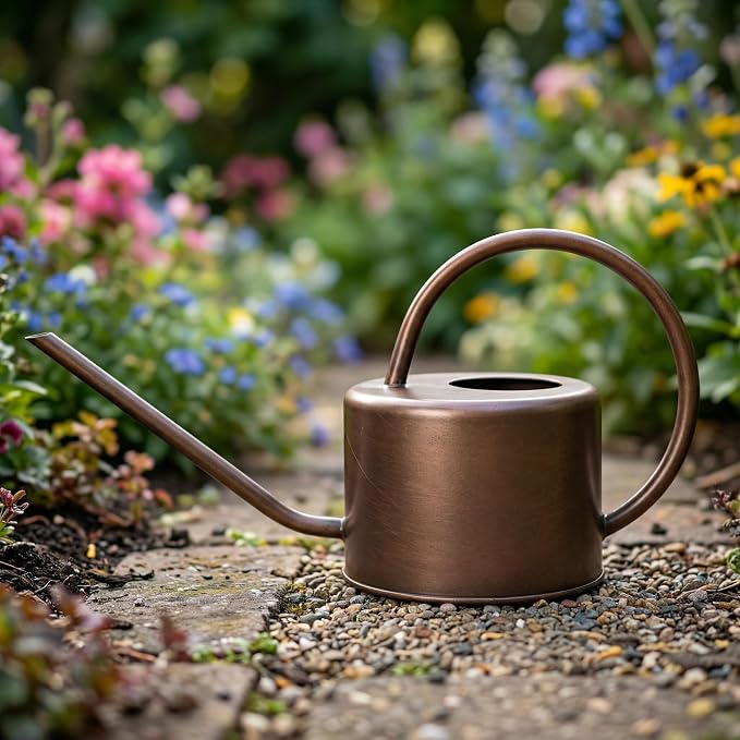 Topadorn 1.3L Metal Watering Can with Long Spout, Bronze Indoor Plant Watering Can, Rust-Resistant Garden Watering Can with Ergonomic Handle