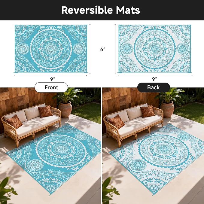 Pauwer Waterproof Outdoor Rug 6x9, Reversible Plastic Straw Patio Camping Rug, Indoor Outdoor RV Mat Carpet for Deck, Camper, Porch, Balcony, Backyard, Picnic, Paisley Teal