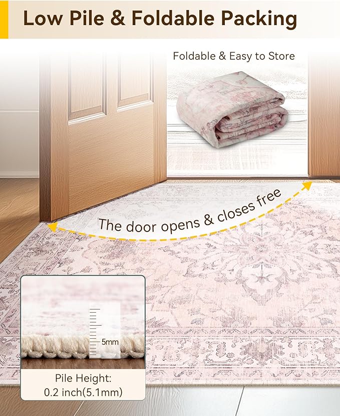 RELEANY Washable Area Rug, 3'x5', Pink | Non-Slip, Water Repellent, Pet Friendly, Easy to Clean, Vintage Floral Boho Decor for Living Room Bedroom Beside Kitchen