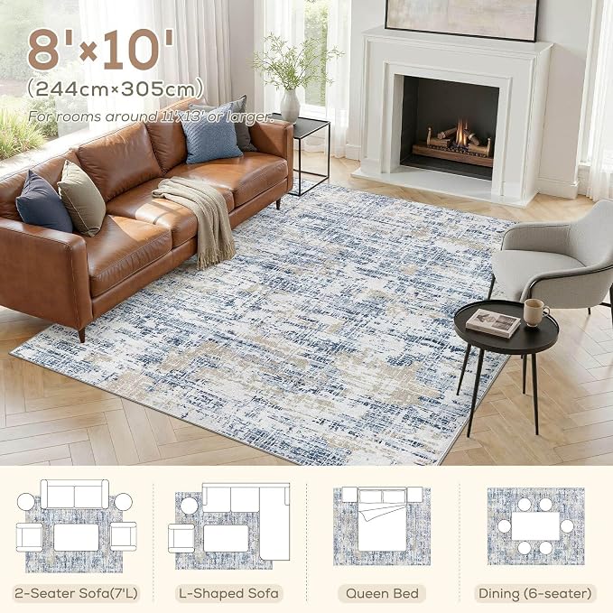 Nakagishi 8X10 Abstract Washable Area Rugs for Living Room-Blue Golden | Modern Non-Slip Silicone Backing Low Pile Soft Carpet for Bedroom Dining Decor Ideal for Families with Kids and Pets