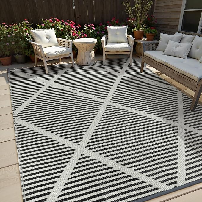 Lahome Outdoor Rug 8x10 Patio Waterproof, Plastic Straw Reversible Outside Rv Rugs for Camping, Large Indoor Outdoor Carpet for Porch Deck Backyard Camper Picnic, Grey 8'x10'
