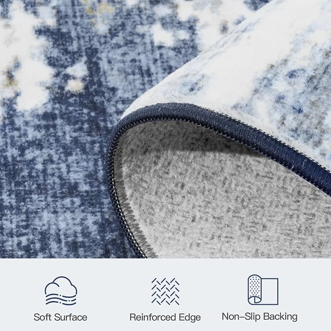 8x10 Area Rug for Living Room, Abstract Washable Large Rugs, Dark Blue | Neutral Carpet for Bedroom, Dining Room, Home Office, Nursery,Indoor, Stain Resistant, Non-Slip, Low Pile, Modern Rug