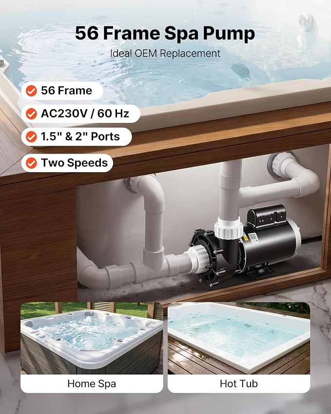 VEVOR SPA Pump 2HP Hot Tub Pump 2 Speed 56 Frame with 1.5" & 2" Port, 230V, 168 GPM High Speed & 68 GPM Low Speed, 90° Rotational Interface, SPA Bath Water Circulation, Compatible with OEM Models