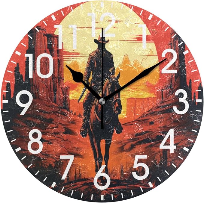ALAZA Home Decor American Sunset Cowboy Round Acrylic 9.84 Inch Wall Clock Non Ticking Silent Clock Art for Living Room Kitchen Bedroom