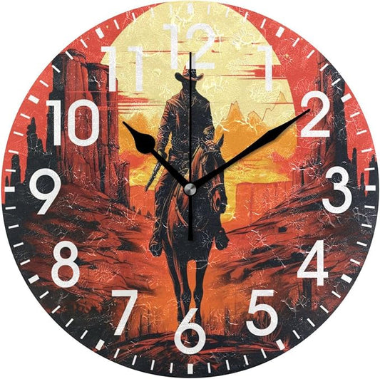 ALAZA Home Decor American Sunset Cowboy Round Acrylic 9.84 Inch Wall Clock Non Ticking Silent Clock Art for Living Room Kitchen Bedroom
