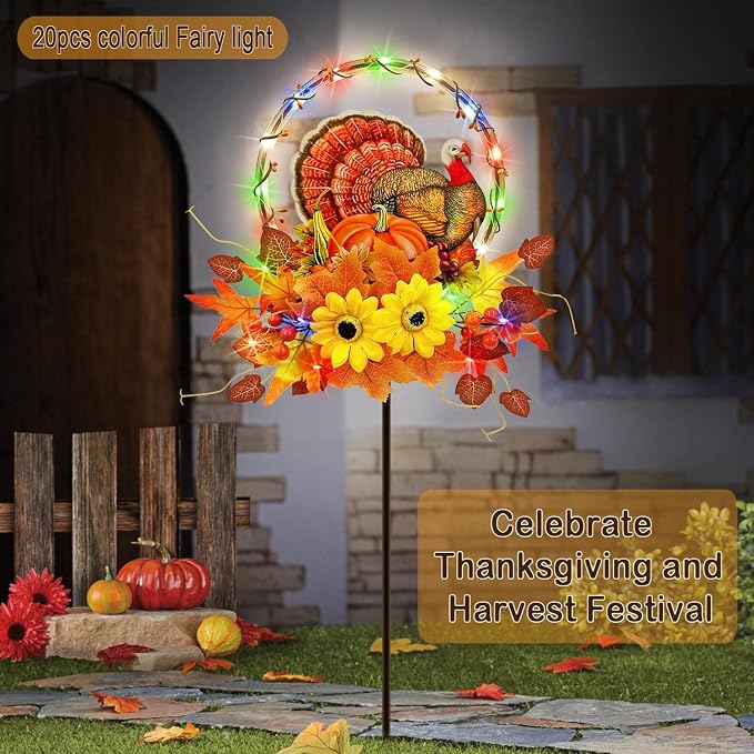 Solar Thanksgiving Turkey Outdoor Decor with Multi-Colorful Lights,Fall Yard Sign Garden Stake for Pathway,Patio or Farmhouse Porch