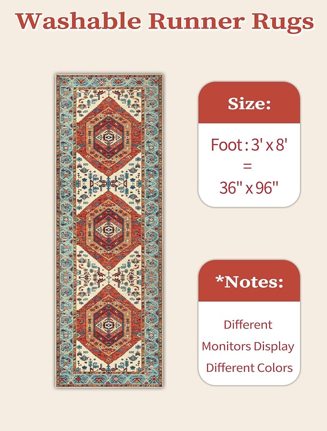 SERISSA 3x8 Washable Non Slip Boho Runner Rug for Hallway，Orange | Ultra Soft Vintage Oriental Carpet Low-Pile Tribal Floor Carpet for Stair Kitchen Bedroom Bathroom Laundry Room